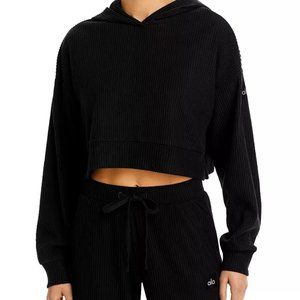 Alo Yoga Muse Rib-Knit Hooded Black Sweatshirt - NWT - Size Small
